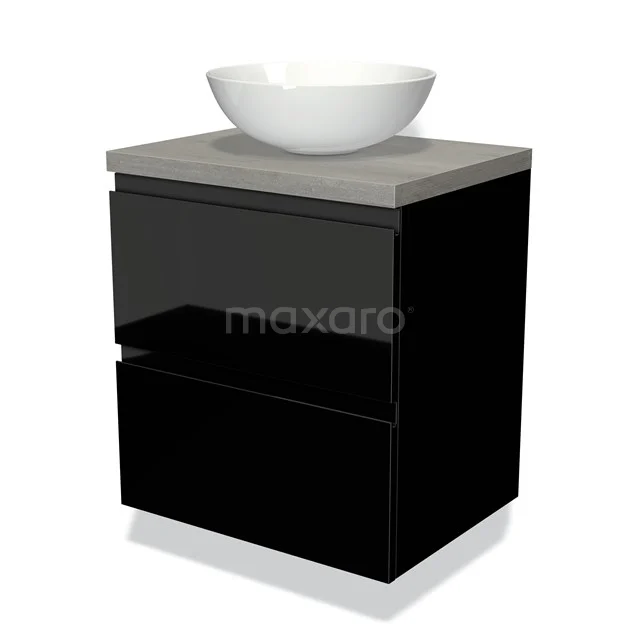Black bathroom unit with two drawers, concrete worktop and white countertop wash basin, ideal for a modern bathroom style.