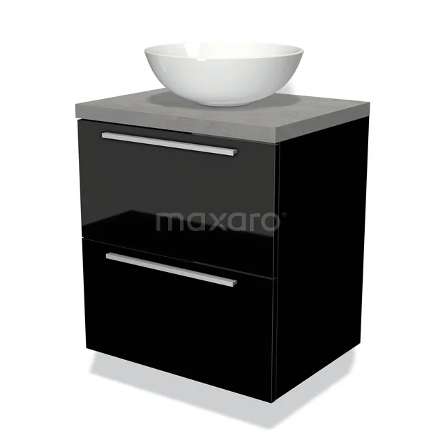 Zwarte badkamerkast met twee lades, mat grijs blad en witte opzetwaskom, modern design voor stijlvolle badkamers.