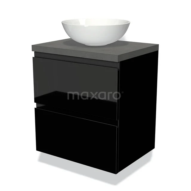 Modulo Plato Badmöbel mit Aufsatzwaschbecken | 60 cm Hochglanz Schwarz Grifflos front Dunkelgrauer Beton blatt 2 übereinanderliegende Schubladen BMK17-00959 Schwarz glänzendes Badmöbel mit weißem keramischen Aufsatzwaschbecken, 2 Schubladen und grauer Oberplatte, elegantes Design für moderne Bäder.