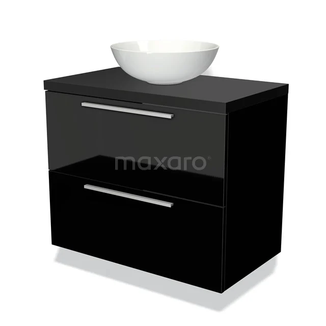 Schwarze Badmöbelset mit glänzender Oberfläche, zwei Schubladen und einem weißen, schalenförmigen Waschbecken; modernes und elegantes Design.