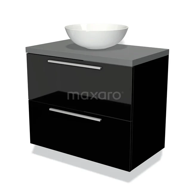 Zwart badkamermeubel met grijs blad, witte ronde waskom en chromen handgrepen, modern en stijlvol design.