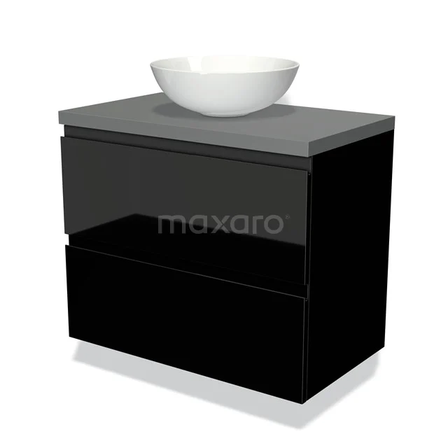 Schwarze Badmöbelset mit grauer Platte, weißem keramischen Aufsatzwaschbecken und Schubladen, modernes Design für stilvolles Badezimmer.