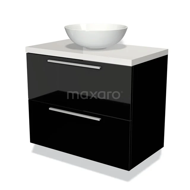 Zwarte glanzende wastafelmeubel met witte ronde kom, modern design, ideaal voor stijlvolle badkamers.