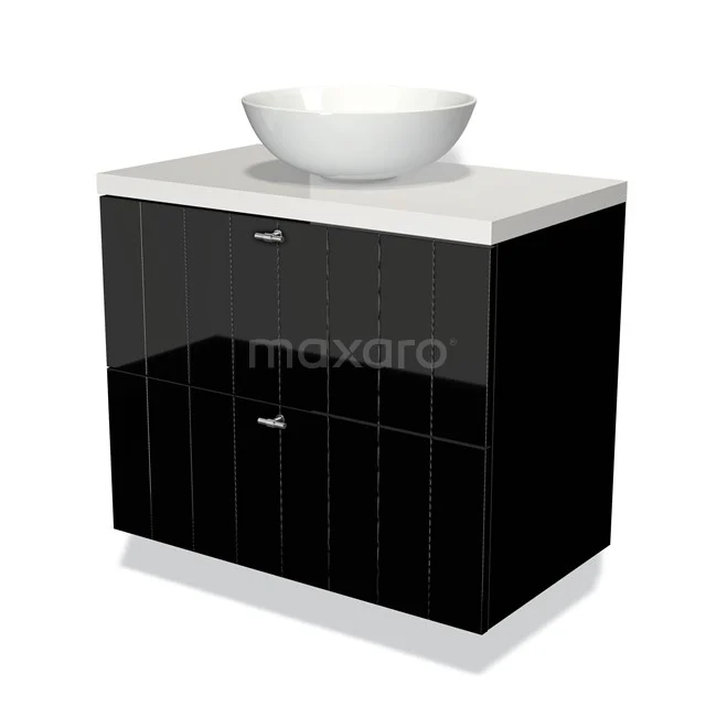 Modulo Plato Badkamermeubel voor waskom | 80 cm Hoogglans zwart Lamel front Hoogglans wit blad 2 lades onder elkaar BMK17-00967