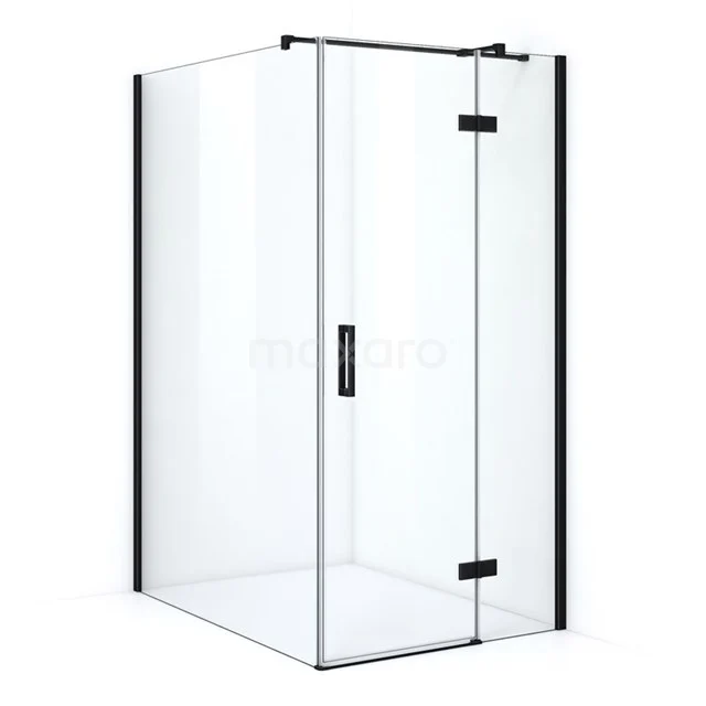 Shower enclosure with matte black profile, angular design and clear glass, ideal for modern bathroom design.