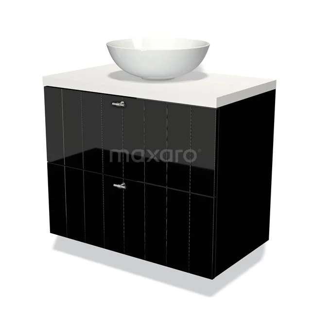 Modulo Plato Badkamermeubel voor waskom | 80 cm Hoogglans zwart Lamel front Mat wit blad 2 lades onder elkaar BMK17-00970