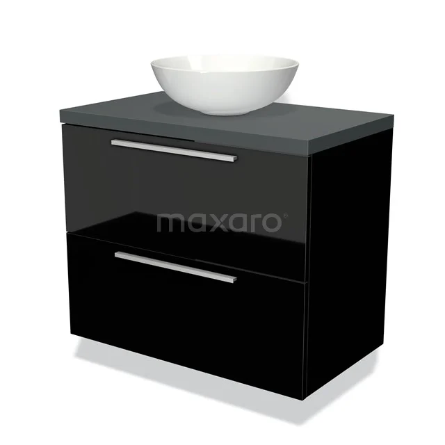 Zwart hoogglans badkamermeubel met twee lades, grijs blad en modern witte komvormige wastafel, ideaal voor strak badkamerdesign.