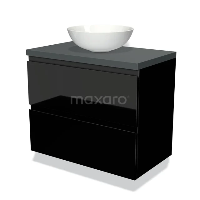 Schwarzes Badmöbel mit glänzenden Schubladen, grauer Platte und rundem weißen Aufsatzwaschbecken; modernes Design für stilvolles Badezimmerinterieur.