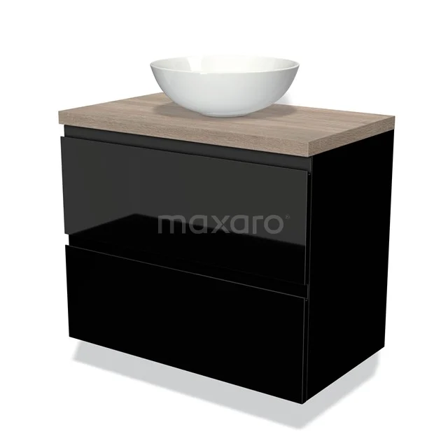 Zwarte badkamermeubelset met houtlook blad, keramische waskom en twee lades. Modern design voor een stijlvolle badkamer.