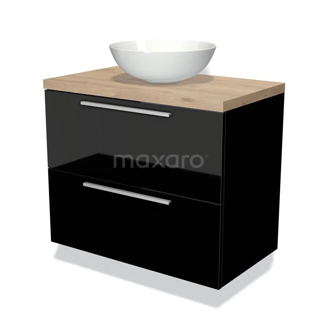 Zwart-glanzend badkamermeubel met houtlook blad en ronde witte waskom, modern design met twee brede lades.