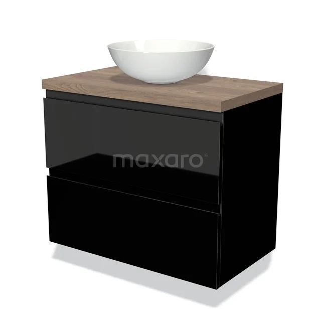 Zwarte badkamerkast met houtlook blad en witte waskom, modern design voor stijlvolle badkamers.