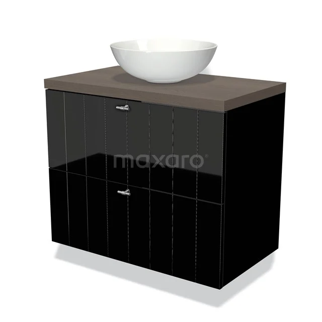Black glossy bathroom unit with wood-look worktop and white bowl-shaped sink, sleek design for modern bathrooms.