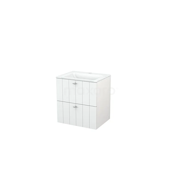 White Bathroom unit with two drawers, wooden slat design, compact size, ideal for modern and small bathrooms.
