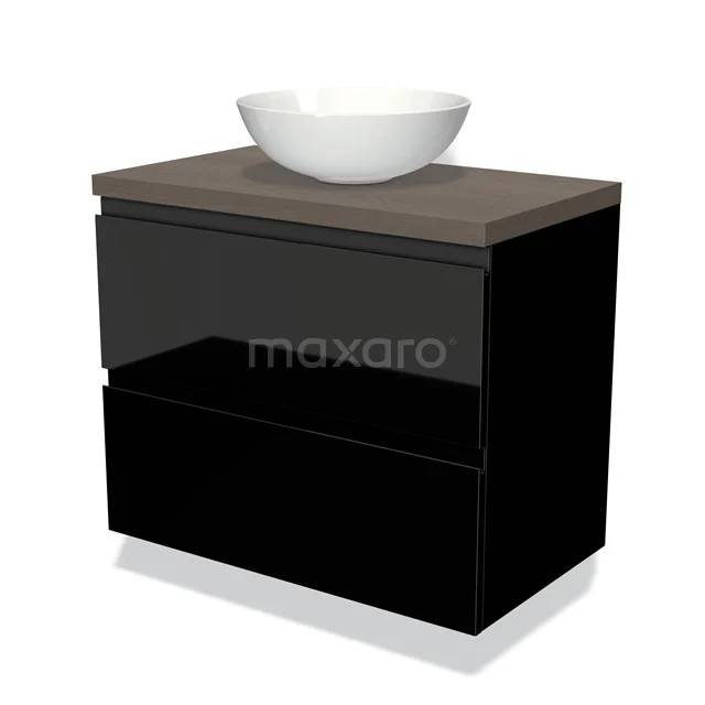 Modulo Plato Badmöbel mit Aufsatzwaschbecken | 80 cm Hochglanz Schwarz Grifflos front Dunkelbraune Eiche blatt 2 übereinanderliegende Schubladen BMK17-00989 Schwarz Badmöbel mit Holzlook Platte und weißem Aufsatzwaschbecken, modernes Design, ideal für schick eingerichtete Bäder.