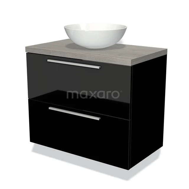 Schwarzer Hochglanz Badschrank mit zwei Schubladen, einer grauen Platte und einem weißen Aufsatz Waschbecken. Modernes Design und sauber verarbeitet.