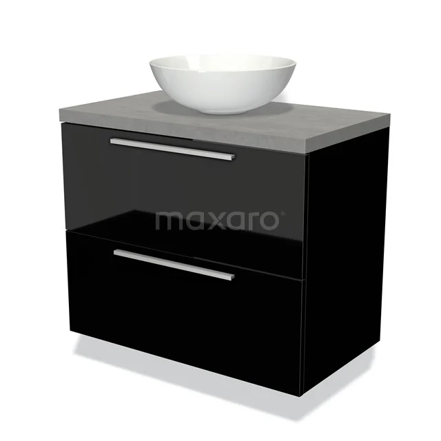 Schwarzer Badschrank mit Glasfront, grauer Platte und modernem schalenförmigem Waschbecken; geeignet für stilvolle Badezimmerinterieurs.