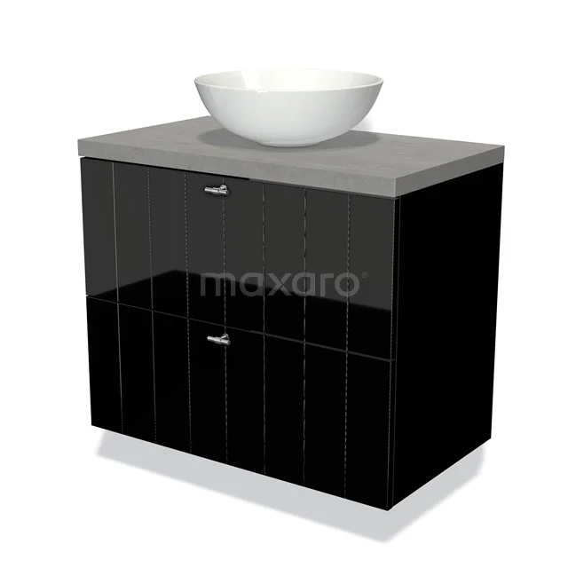 Schwarzes Badmöbel mit gläsernen Fronten, grauer Platte und weißem Aufsatzwaschbecken; stilvolles Design für moderne Bäder.