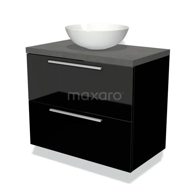 Zwart glanzend badkamermeubel met twee lades, grijs blad en witte komvormige wastafel, modern design.