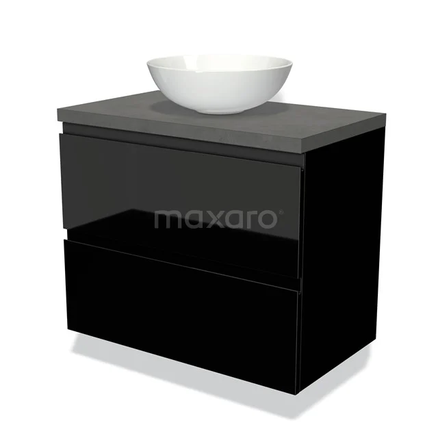 Zwarte badkamermeubelset met glanzende lades, een grijs stenen blad en een ronde witte waskom, modern en stijlvol design.