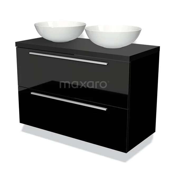 Schwarze Badmöbel mit glänzender Oberfläche und zwei weißen Porzellan-Aufsatzwaschbecken, modernes Design.