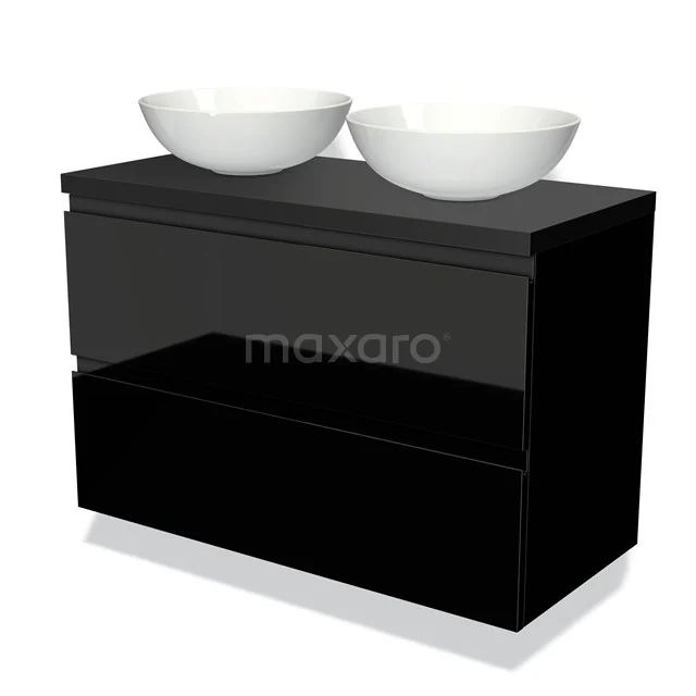 Black bathroom unit with high-gloss finish and two round white countertop wash basins, ideal for modern bathrooms.