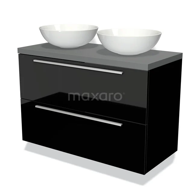 Black vanity unit with two white countertop wash basins, glossy finish, suitable as stylish bathroom storage.