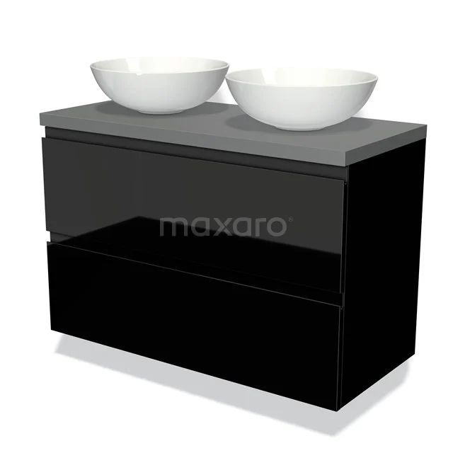 Black vanity set with two white countertop wash basins and a grey worktop, modern design for stylish bathroom design.