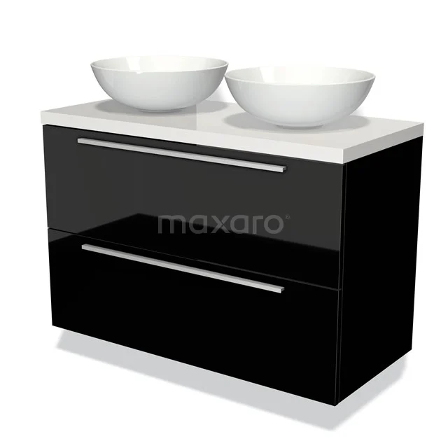 Schwarze Badmöbelset mit Hochglanzoberfläche, doppelten weißen Waschbecken und chromfarbenen Haltegriffen.