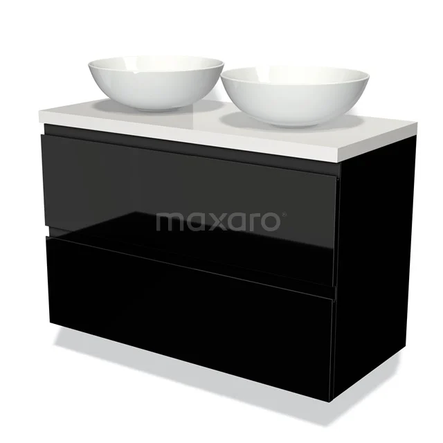 Schwarz glänzendes Badmöbel mit doppelten weißen Aufsatzwaschbecken, schnörkelloses Design und moderner Ausstrahlung.