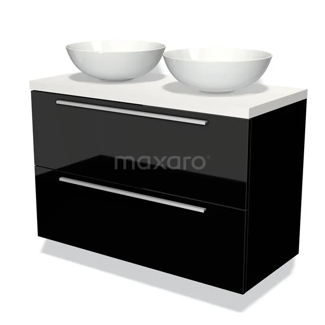Black bathroom unit with high-gloss finish and two white countertop basins, modern design ideal for your bathroom decor.