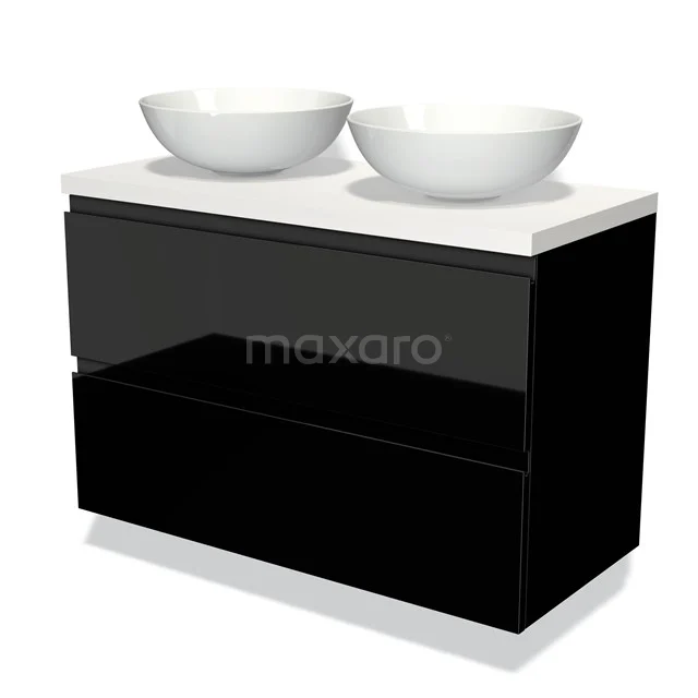 Schwarze Badmöbel mit Hochglanzoberfläche und doppeltem weißen Waschbecken, ideal für moderne Badezimmerinterieurs.