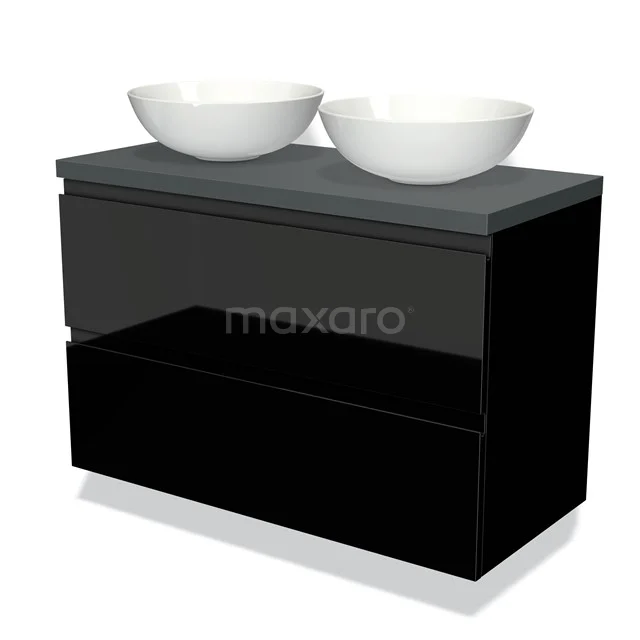 Black glossy bathroom unit with two white ceramic countertop wash basins, modern design and ample storage.