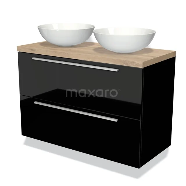 Schwarze Badmöbelset mit Holzlook Platte und doppelten weißen Aufsatzwaschbecken, modernes Design mit klaren Linien.