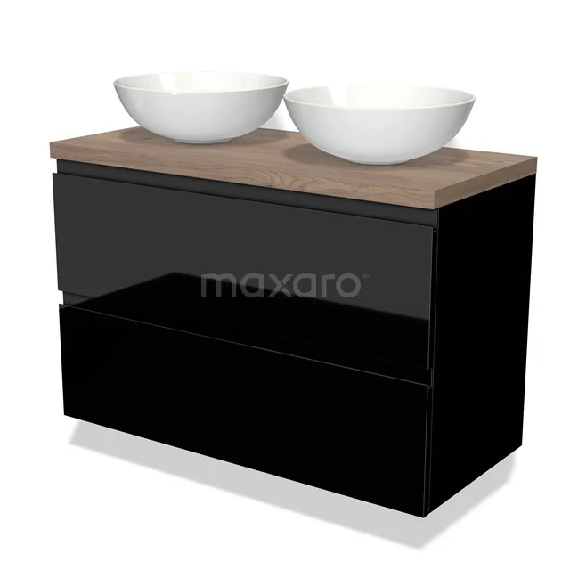 Zwart badkamermeubel met houtlook blad, dubbele witte waskommen, modern design, ideaal voor stijlvolle badkamerinrichting.