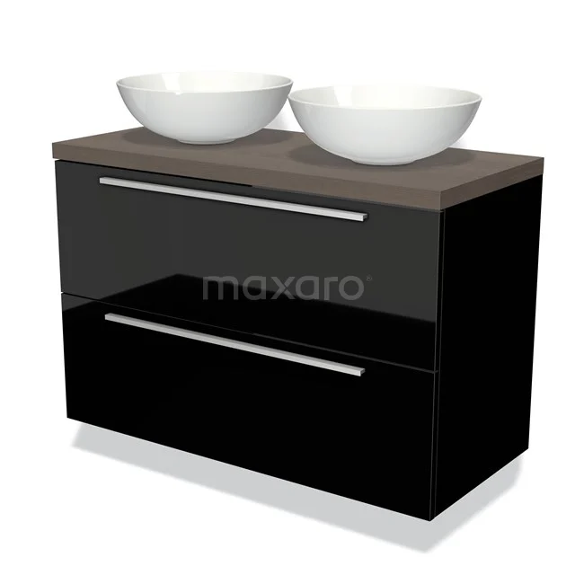 Badmöbel für Aufsatzwaschbecken 100cm Modulo Plato Hochglanz Schwarz 2 Schubladen Flach dunkelbraune Eiche Platte BMK17-01026 Schwarze Badmöbel mit Holzplatte und zwei weißen Waschbecken, modernes Design und stilvoller Stauraum.