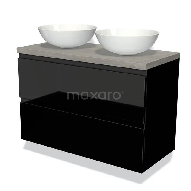 Zwart hoogglans badkamermeubel met dubbele spoelkommen en een betonlook blad, ideaal voor een moderne badkamer.