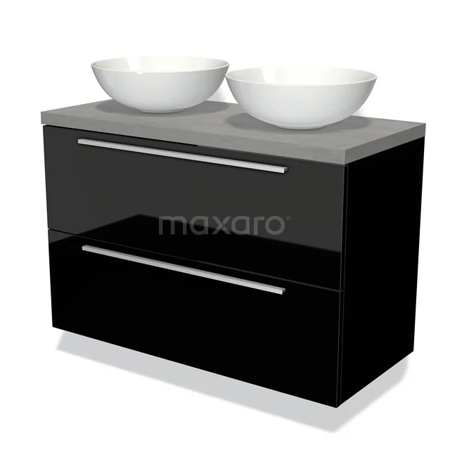 Zwarte badkamermeubelset met dubbele witte waskommen, grijs blad en metalen handgrepen; modern en stijlvol design.