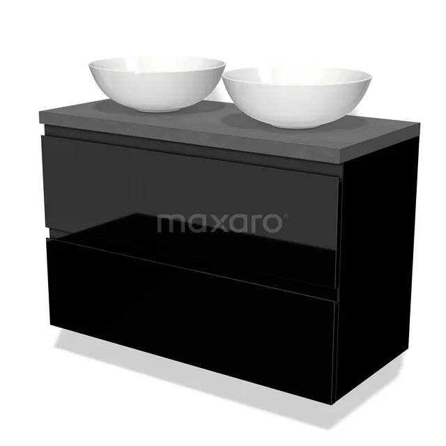 Zwart badmeubel met twee witte waskommen, matgrijze wasbak en strakke, moderne uitstraling. Perfect voor een luxe badkamer.