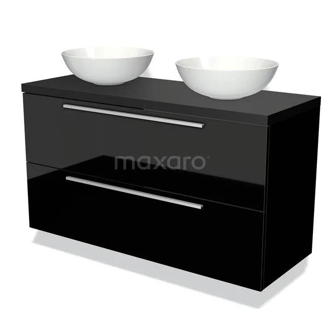 Zwart glanzend badkamermeubel met twee keramische waskommen en chroomkleurige handgrepen, modern ontwerp.