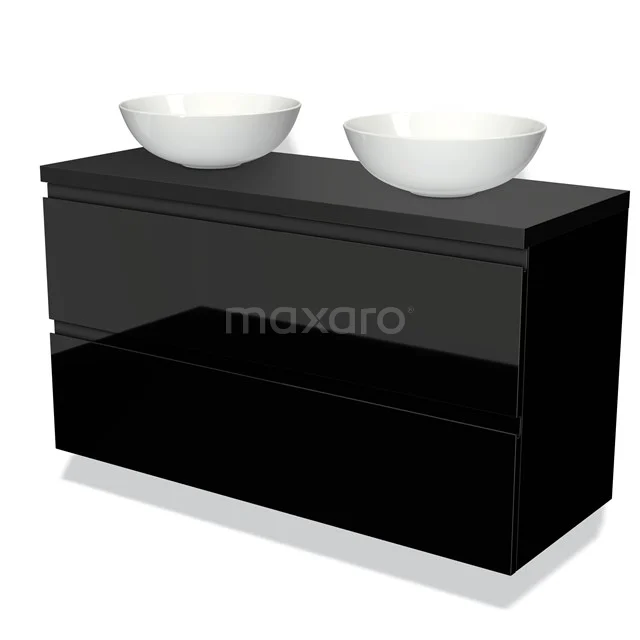 Waschtischunterschrank mit Konsole 120cm Modulo Plato Hochglanz Schwarz 2 Schubladen Grifflos Matt Schwarz Platte BMK17-01040 Schwarzes schwebendes Badezimmermöbelset mit zwei weißen Aufsatzwaschbecken, Hochglanz-Oberfläche und modernem Design.