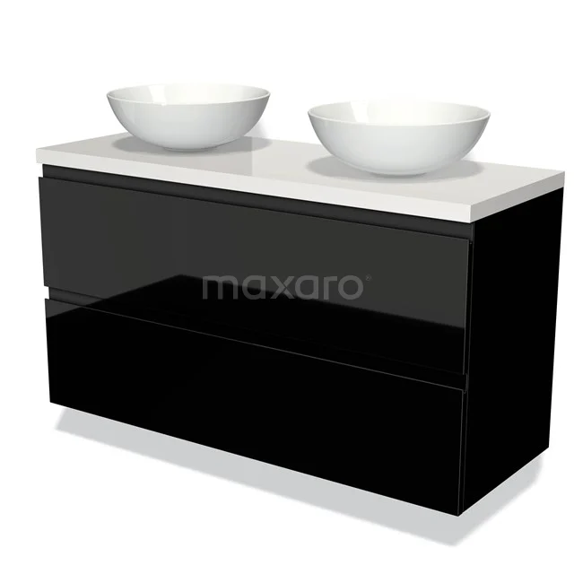 Zwarte badkamerkast met twee ronde witte wastafels, hoogglans afwerking, modern design.