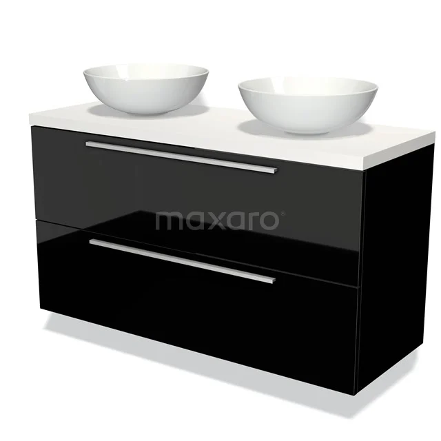 Zwarte dubbele wastafelmeubel met twee witte ronde waskommen, glanzende afwerking en metalen handgrepen voor een moderne badkamer.