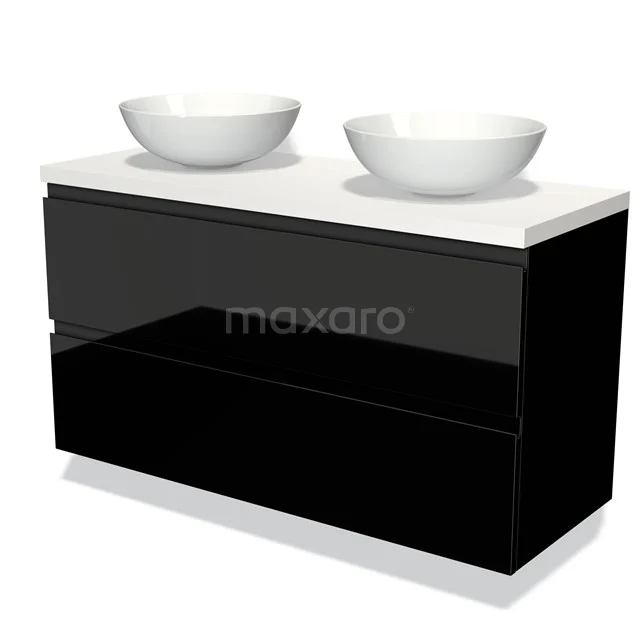 Schwarze Badmöbel mit Doppelwaschbecken, modernes Design, Hochglanzoberfläche und porzellan Aufsatzwaschbecken.