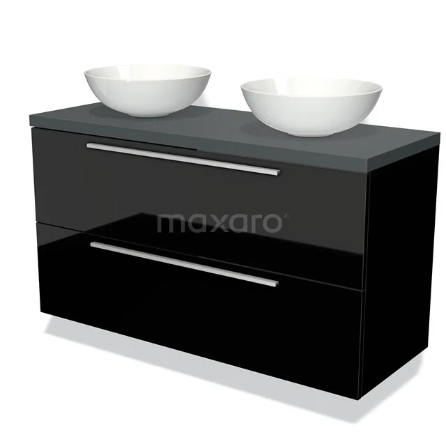 Zwarte badkamermeubel met twee witte waskommen, hoogglans afwerking en metalen handgrepen, modern ontwerp.
