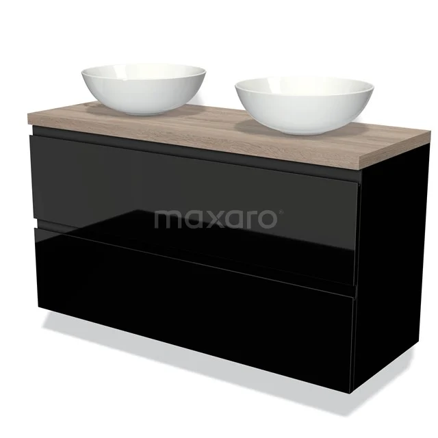Zwarte dubbele wastafelmeubel met houten blad en twee ronde witte kommen, modern badkamerdesign.