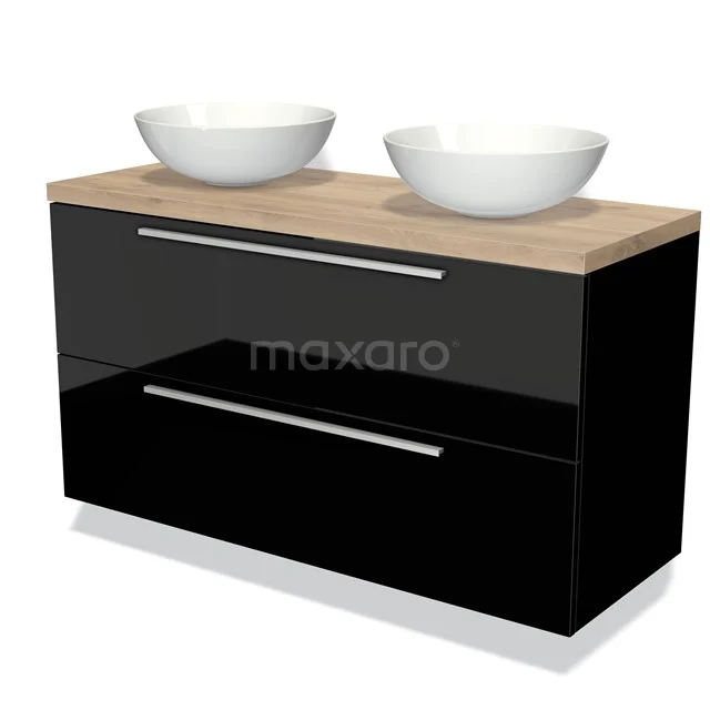 Zwart glanzend badkamermeubel met dubbele waskommen, houten blad en strakke designgrepen. Perfect voor moderne badkamers.