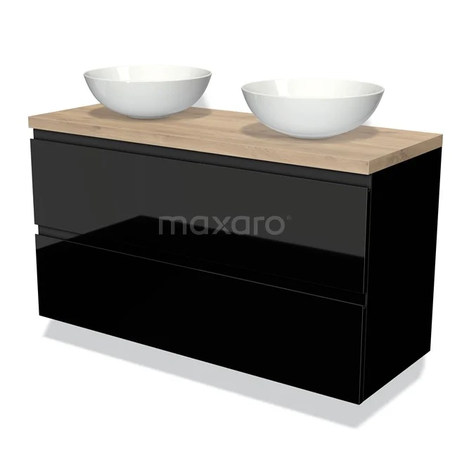Zwarte badkamermeubel met twee witte waskommen, houtlook blad en modern design voor stijlvolle badkamers.