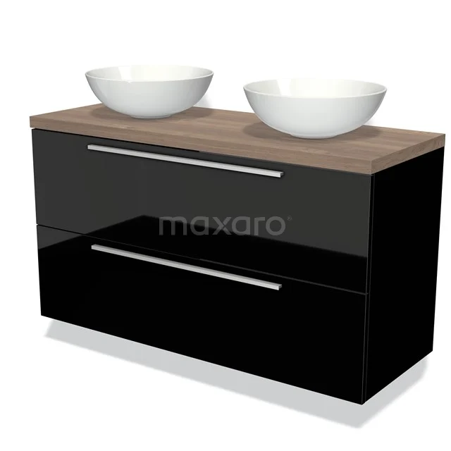 Schwarzes Badmöbel mit Holzlook Platte, zwei weiße runde Aufsatzwaschbecken und silberne Haltegriffe, modernes Design.