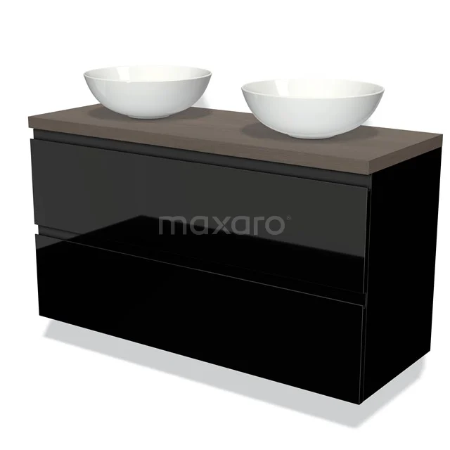 Modulo Plato Vanity units for countertop basin | 120 cm High-gloss black Handle-less front Dark brown oak worktop 2 Stacked drawers BMK17-01067