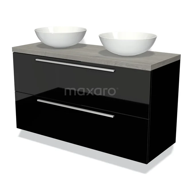 Zwarte badkamermeubelset met twee witte wastafels, glossy afwerking en moderne design, ideaal voor strakke badkamers.